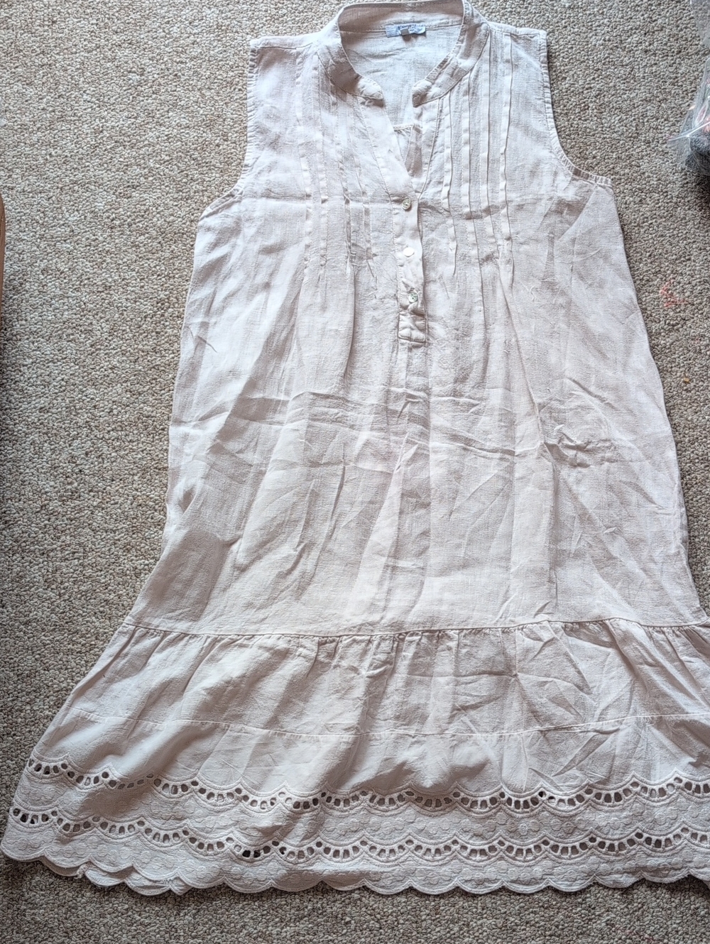 Light Cream Sleeveless Eyelet Hem Midi Linen Dress